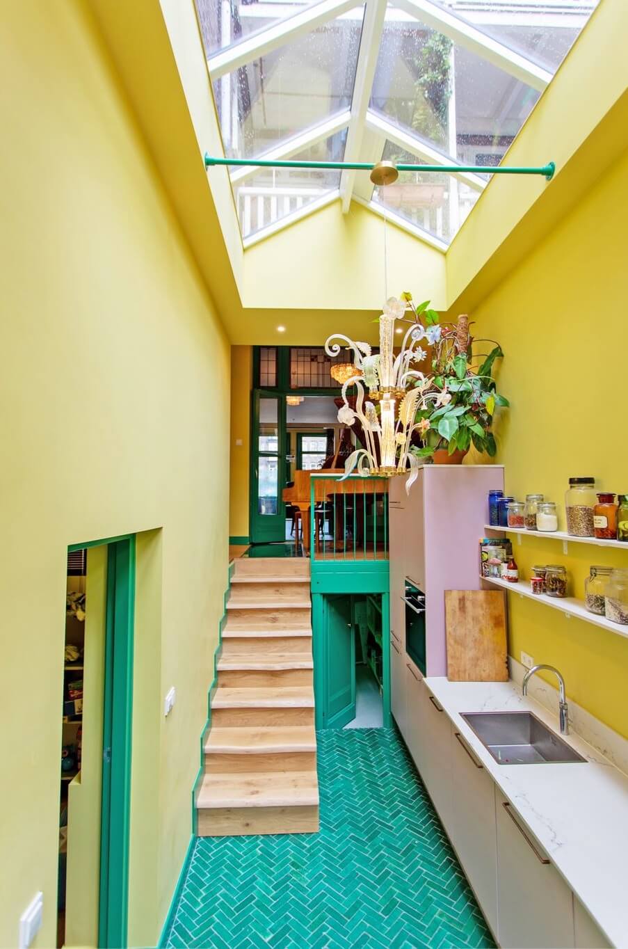The 2026 Home Decor and Color Trends, According to Pinterest 27 colorful kitchen with yellow walls skylight and green floor nordroom