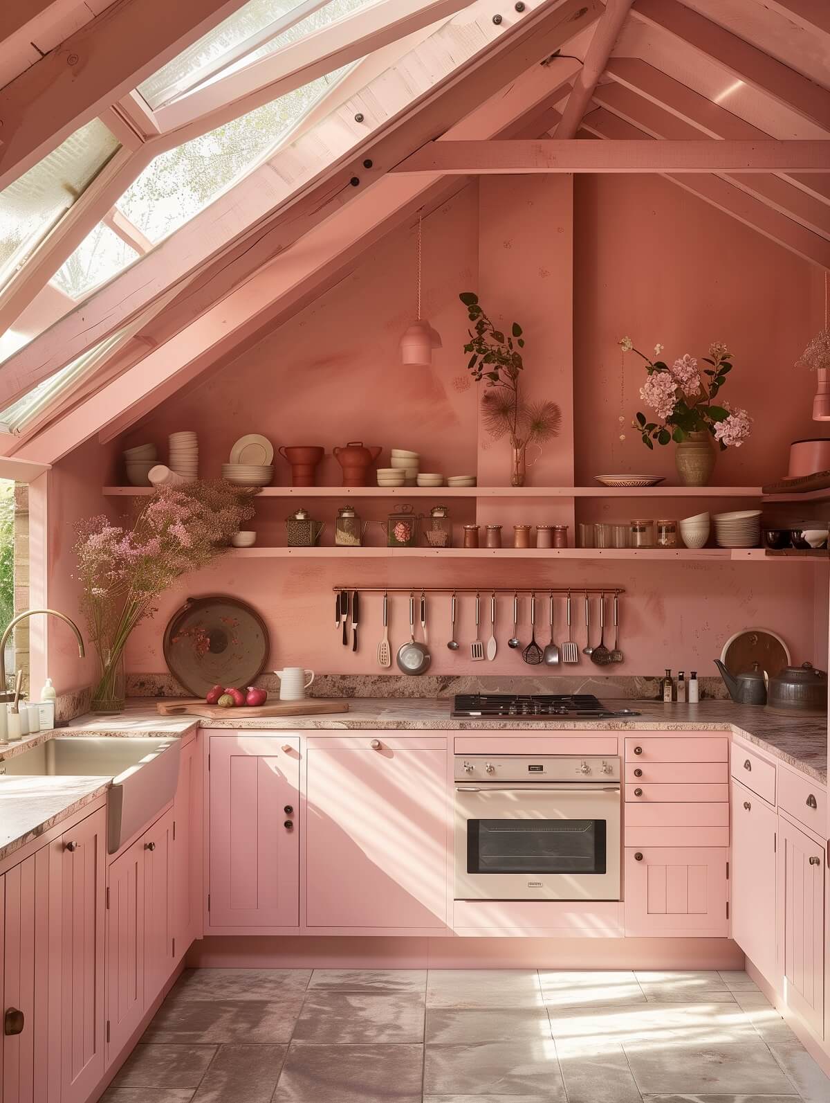 pink kitchen with pitched ceiling and shelves nordroom