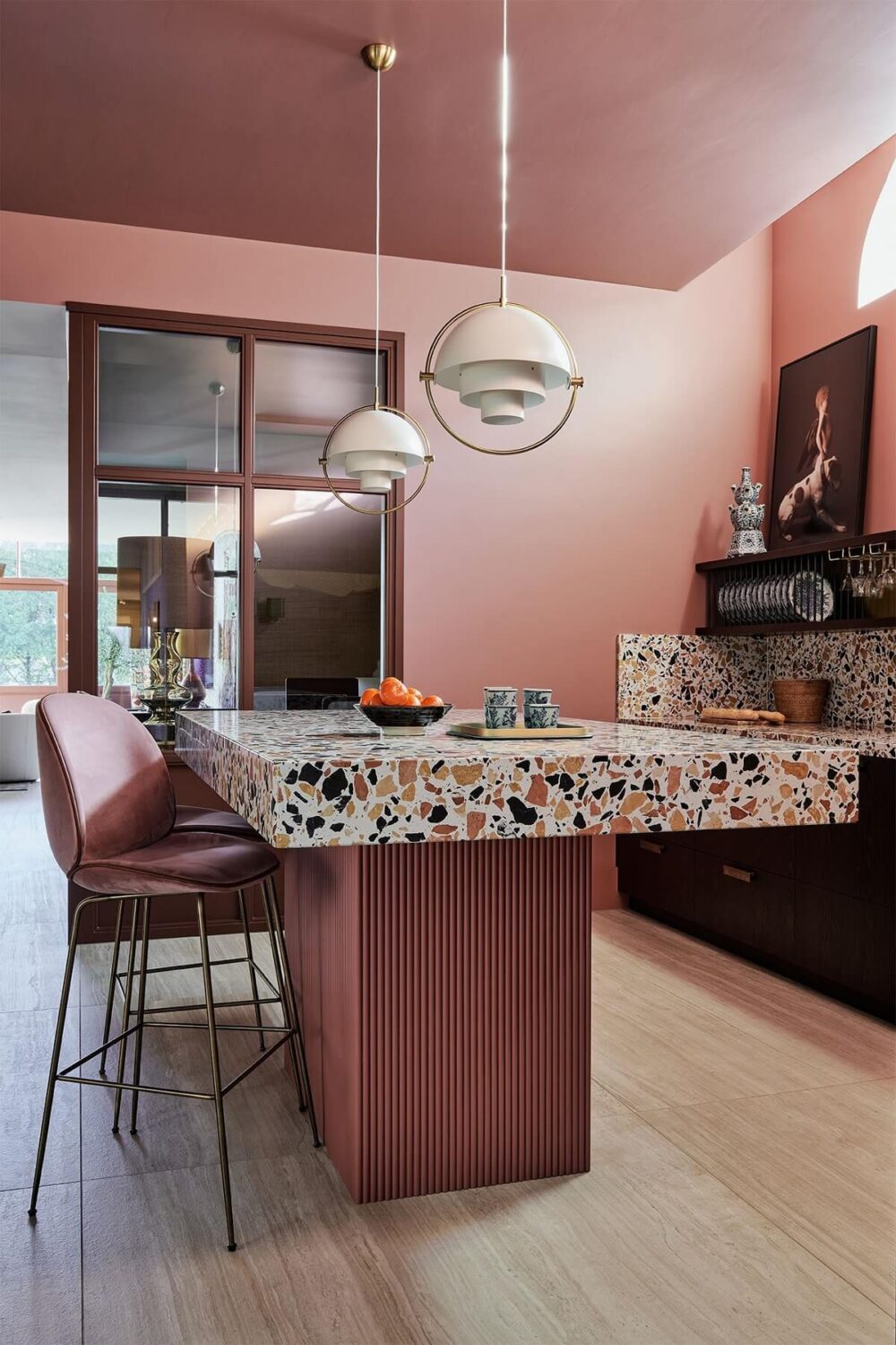Colorful Kitchen Designs That Brighten Up Your Home 4 pink kitchen with terrazzo worktop nordroom