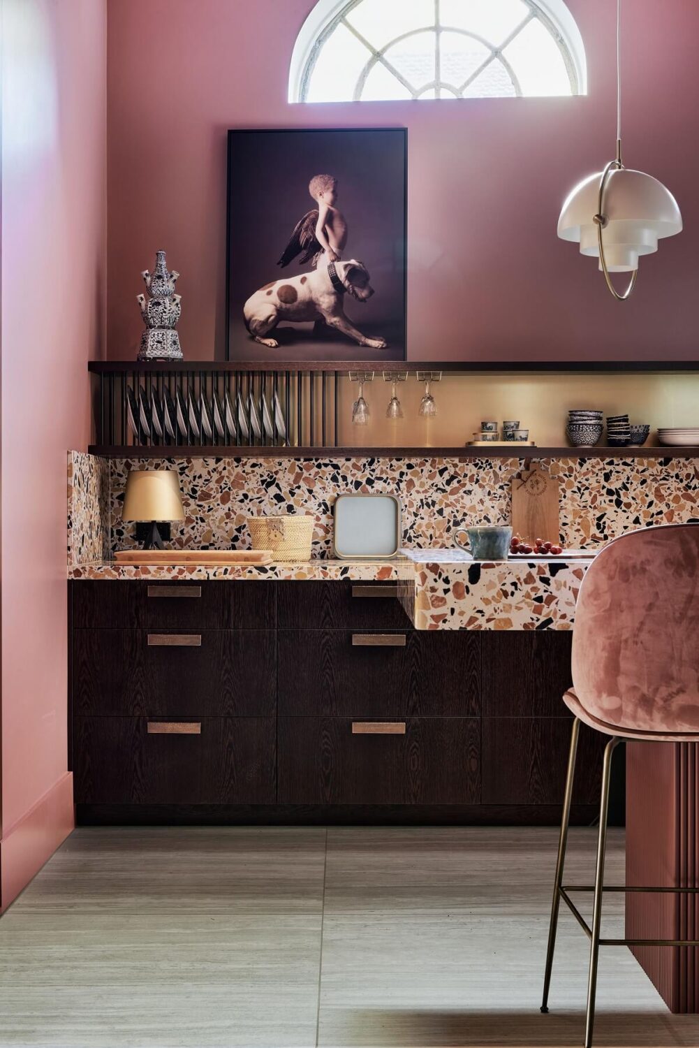 Colorful Kitchen Designs That Brighten Up Your Home 3 terrazzo worktop and open cabnets in pink kitchen nordroom