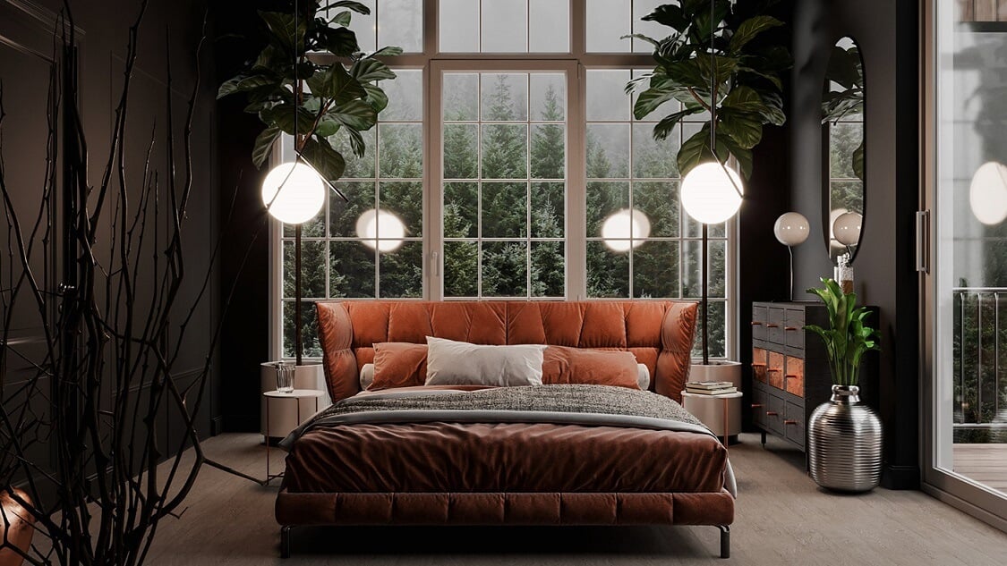 A Plant-Filled Bedroom with Eye-Catching Arched Window 4 dark plant filled bedroom window nordroom1 A Plant-Filled Bedroom with Eye-Catching Arched Window