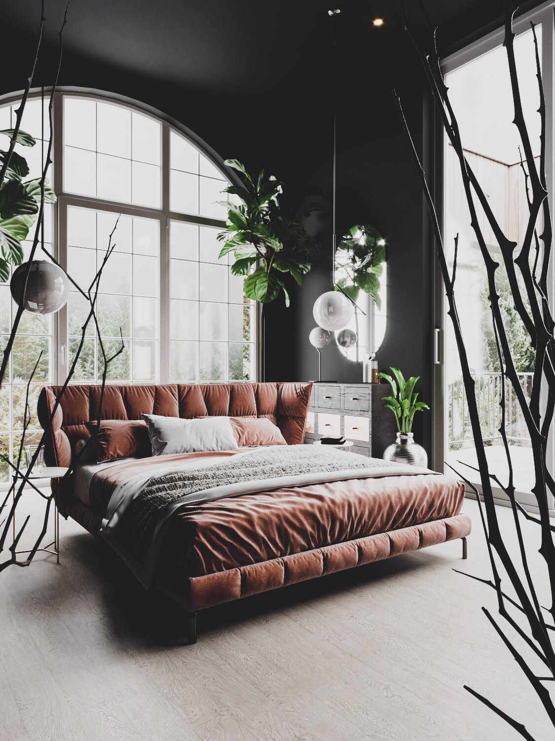 A Plant-Filled Bedroom with Eye-Catching Arched Window 2 dark plant filled bedroom window nordroom2 A Plant-Filled Bedroom with Eye-Catching Arched Window