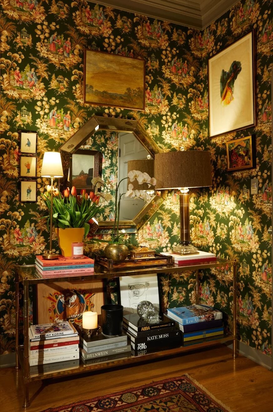 The Charming Family Home of Emily Ward and Giovanni Ribisi 9 hallway with wallpaper emily ward giovanni ribisi nordroom