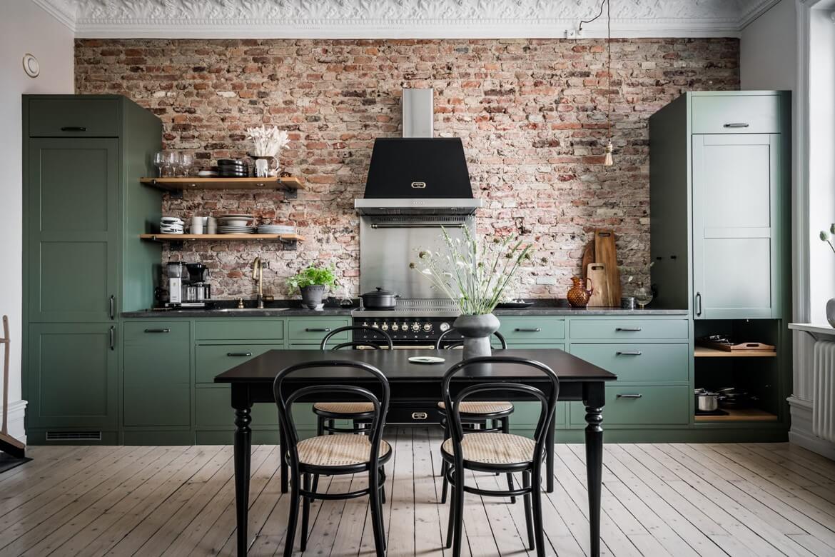 A Swedish Apartment With A Green Kitchen And Exposed Brick 2 TheNordroom ASwedishApartmentWithAGreenKitchenandExposedBrick1 2 A Swedish Apartment With A Green Kitchen And Exposed Brick