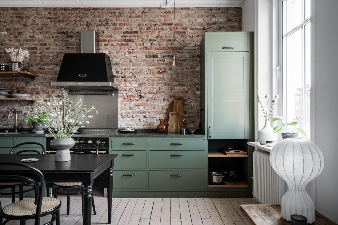 A Swedish Apartment With A Green Kitchen And Exposed Brick 3 TheNordroom A Swedish Apartment With A Green Kitchen And Exposed Brick
