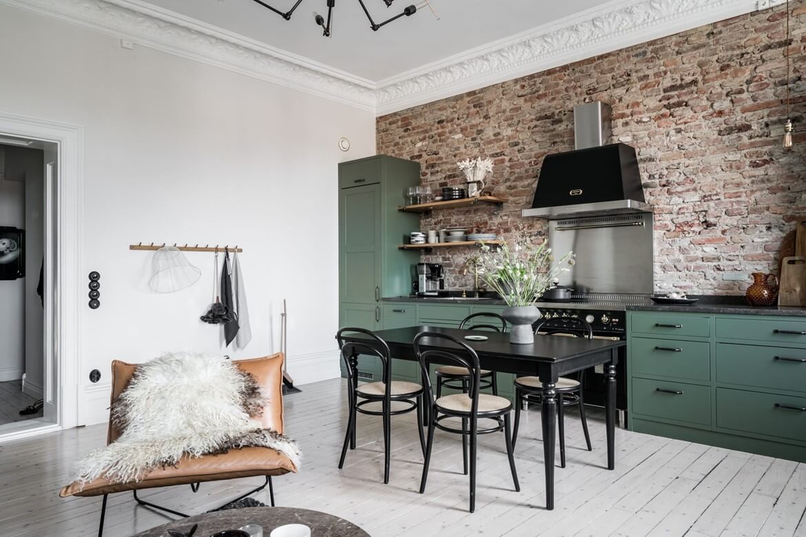 A Swedish Apartment With A Green Kitchen And Exposed Brick 4 TheNordroom A Swedish Apartment With A Green Kitchen And Exposed Brick