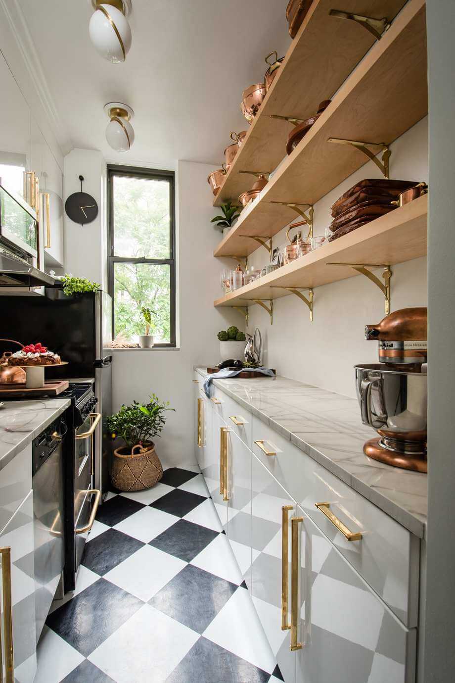 31 Practical Kitchen Flooring Ideas For Your Home 21 small-galley-kitchen-vinyl-floor-tiles-checkerboard-open-shelves