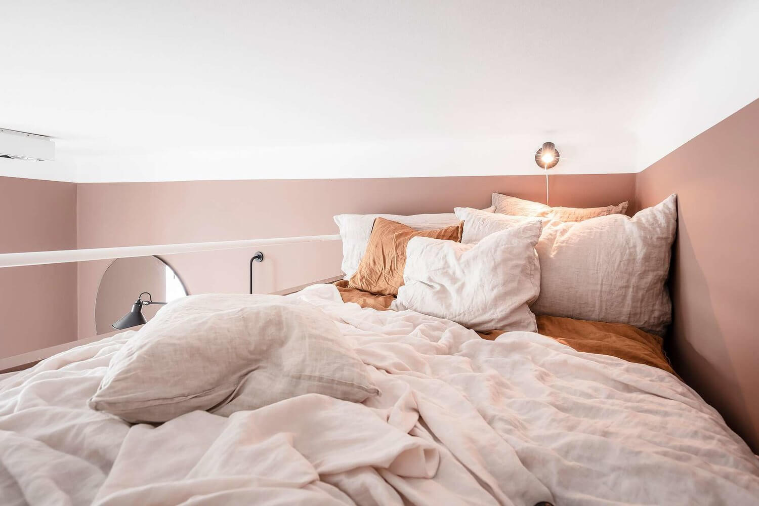 A Tiny Pink Studio Apartment with Loft Bed and Walk in Closet 12 pink studio apartment loft bed walk in closet nordroom11 A Tiny Pink Studio Apartment with Loft Bed and Walk in Closet