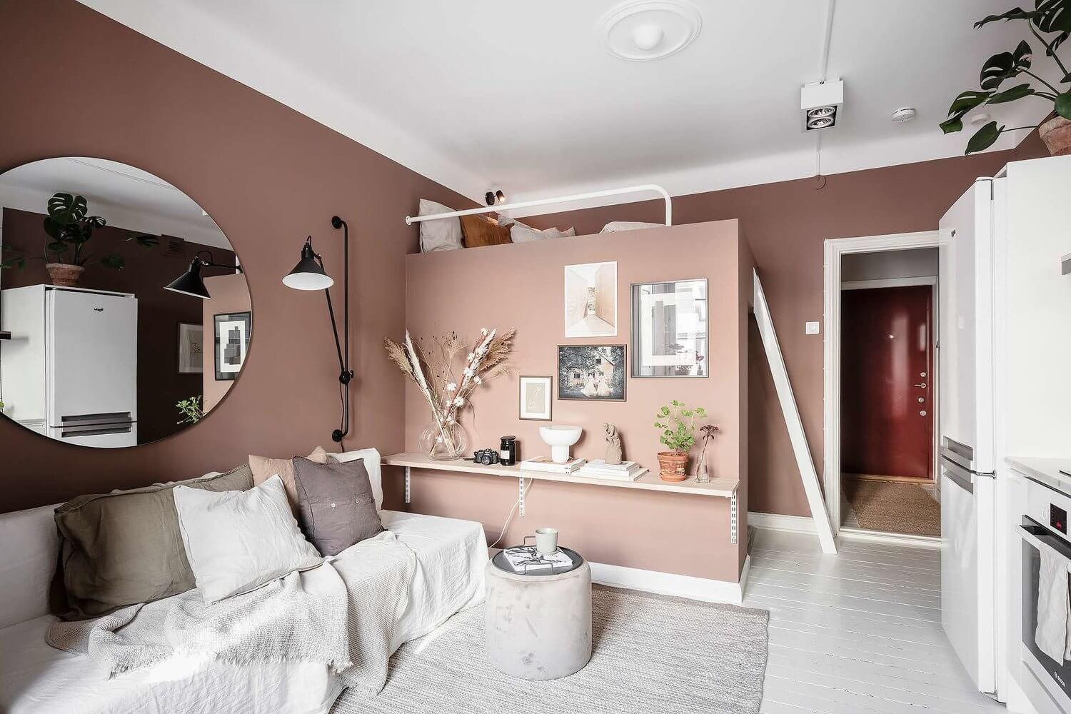A Tiny Pink Studio Apartment with Loft Bed and Walk in Closet 7 pink studio apartment loft bed walk in closet nordroom6 A Tiny Pink Studio Apartment with Loft Bed and Walk in Closet