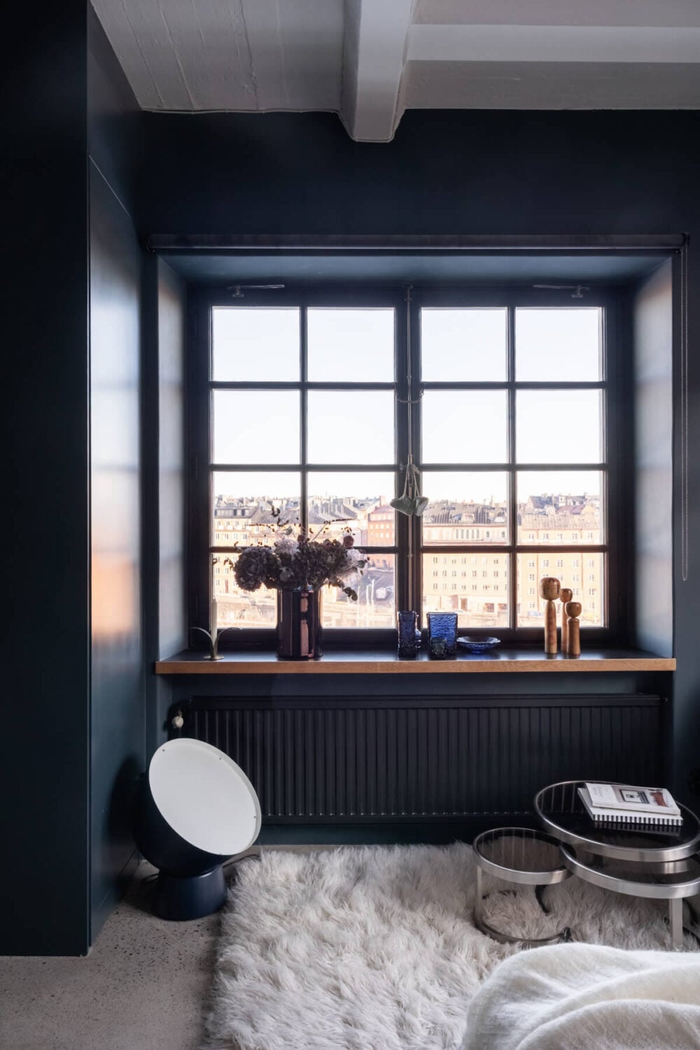 A Monochrome Design Home in a Former Chocolate Factory 15 dark blue bedroom large window