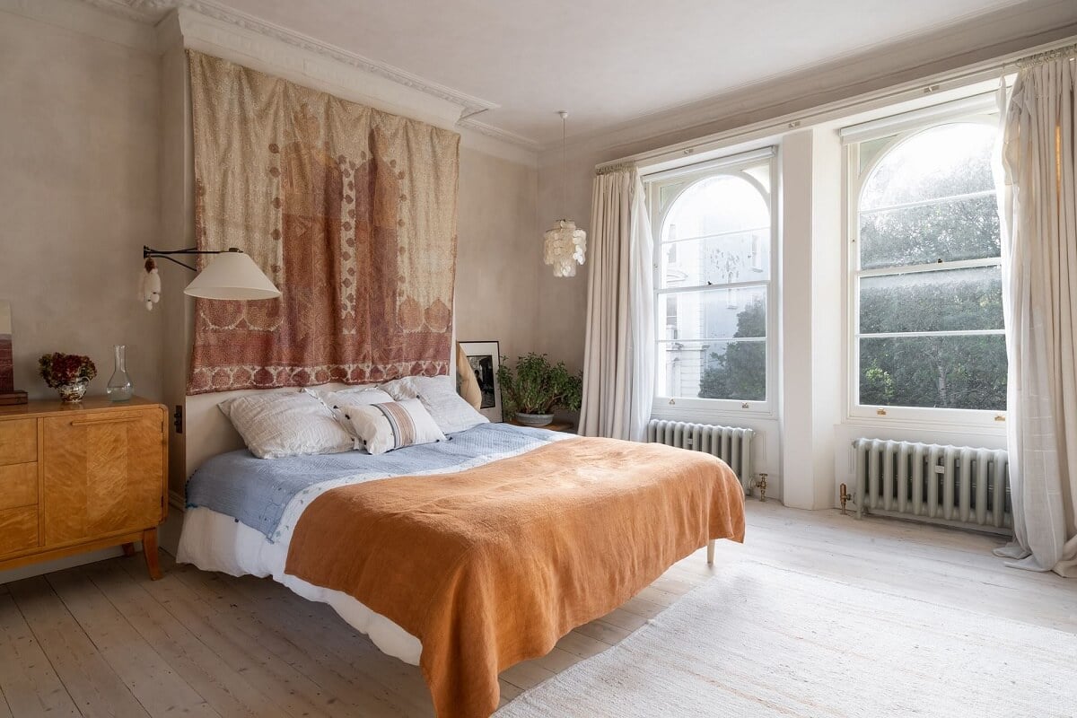 Reused Materials in a London Townhouse Designed by Retrouvius 26 bedroom-fabric-wall-hanging-nordroom