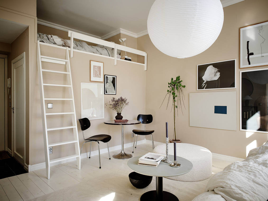 A Sand Colored Studio Apartment with Loft Bed 5 ASandColoredStudioApartmentwithLoftBed TheNordroom4 A Sand Colored Studio Apartment with Loft Bed