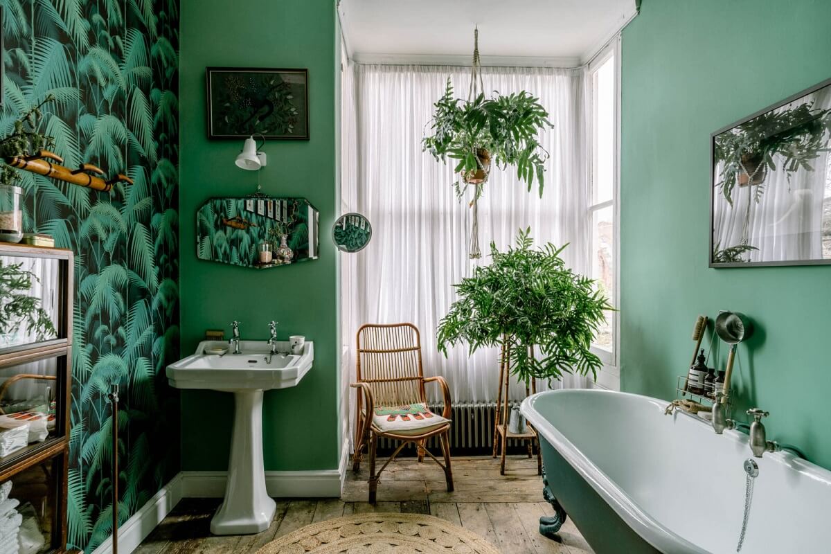 50 Bathroom Wallpaper Ideas Adding Color, Style, and Expression 66 green bathroom with plants wooden floor and wallpaper nordroom
