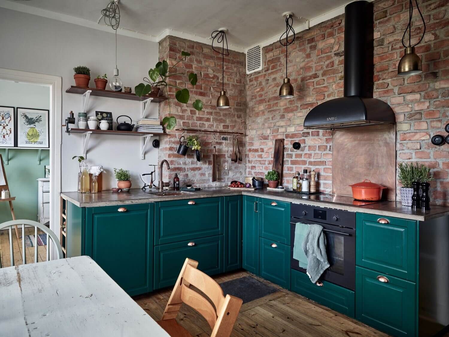A Green Kitchen with Exposed Brick in a Scandi Apartment 2 AGreenKitchenwithExposedBrickinaScandiApartment TheNordroom1 1 A Green Kitchen with Exposed Brick in a Scandi Apartment