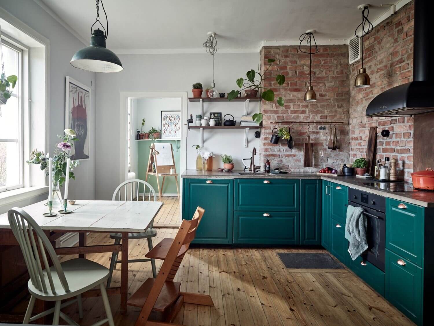 A Green Kitchen with Exposed Brick in a Scandi Apartment 6 AGreenKitchenwithExposedBrickinaScandiApartment TheNordroom6 A Green Kitchen with Exposed Brick in a Scandi Apartment