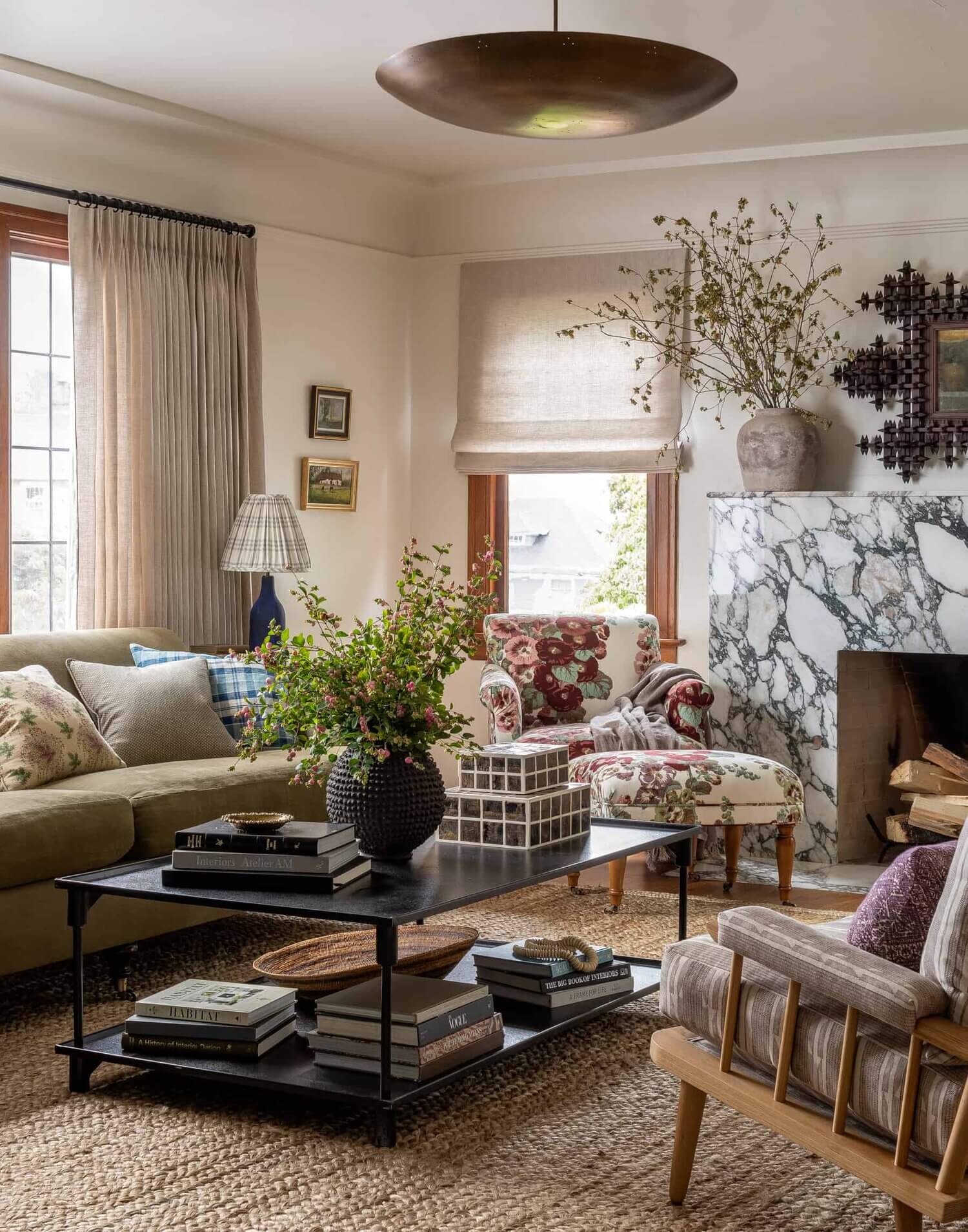 Soothing Colors in Designer Heidi Caillier's Eclectic Washington Home 6 GreenSofaFloralChairandMarbleFireplaceinDesignerHeidiCailiersWashingtonHome TheNordroom Soothing Colors in Designer Heidi Caillier's Eclectic Washington Home