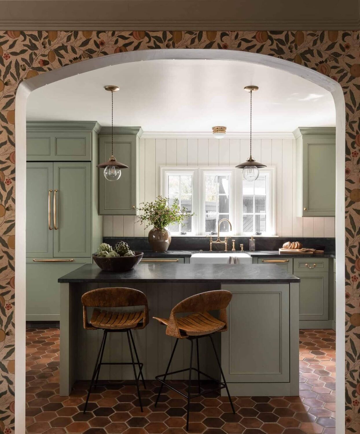 Benjamin Moore Color of the Year 2022: October Mist 11 green-kitchen-terracotta-floor-nordroom