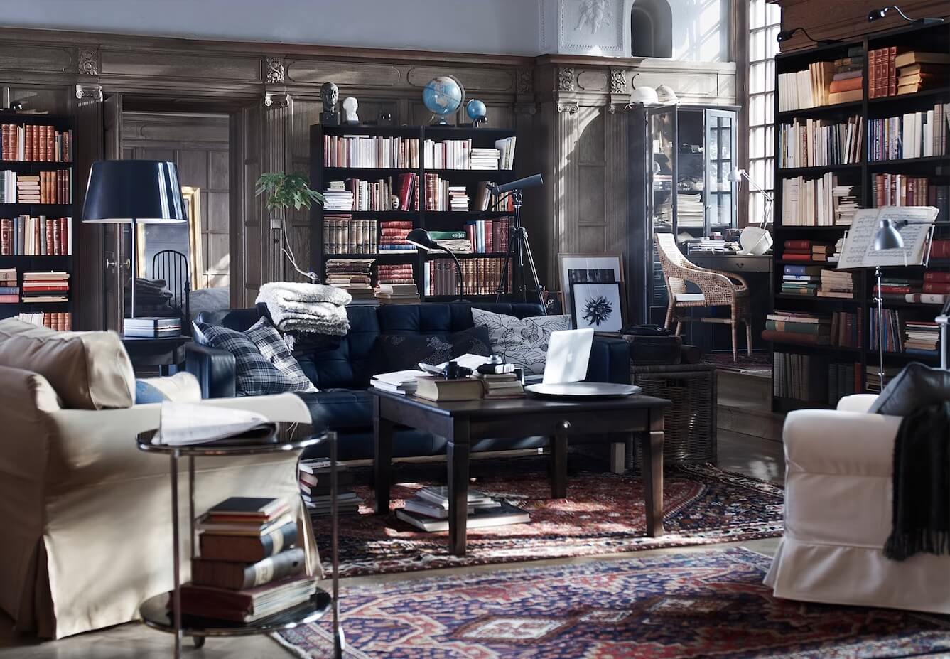 36 Home Library Ideas That Are A Book-Lover's Dream 7 library-style-ikea-living-room-billy-bookcases-dark-blue-sofa-nordroom