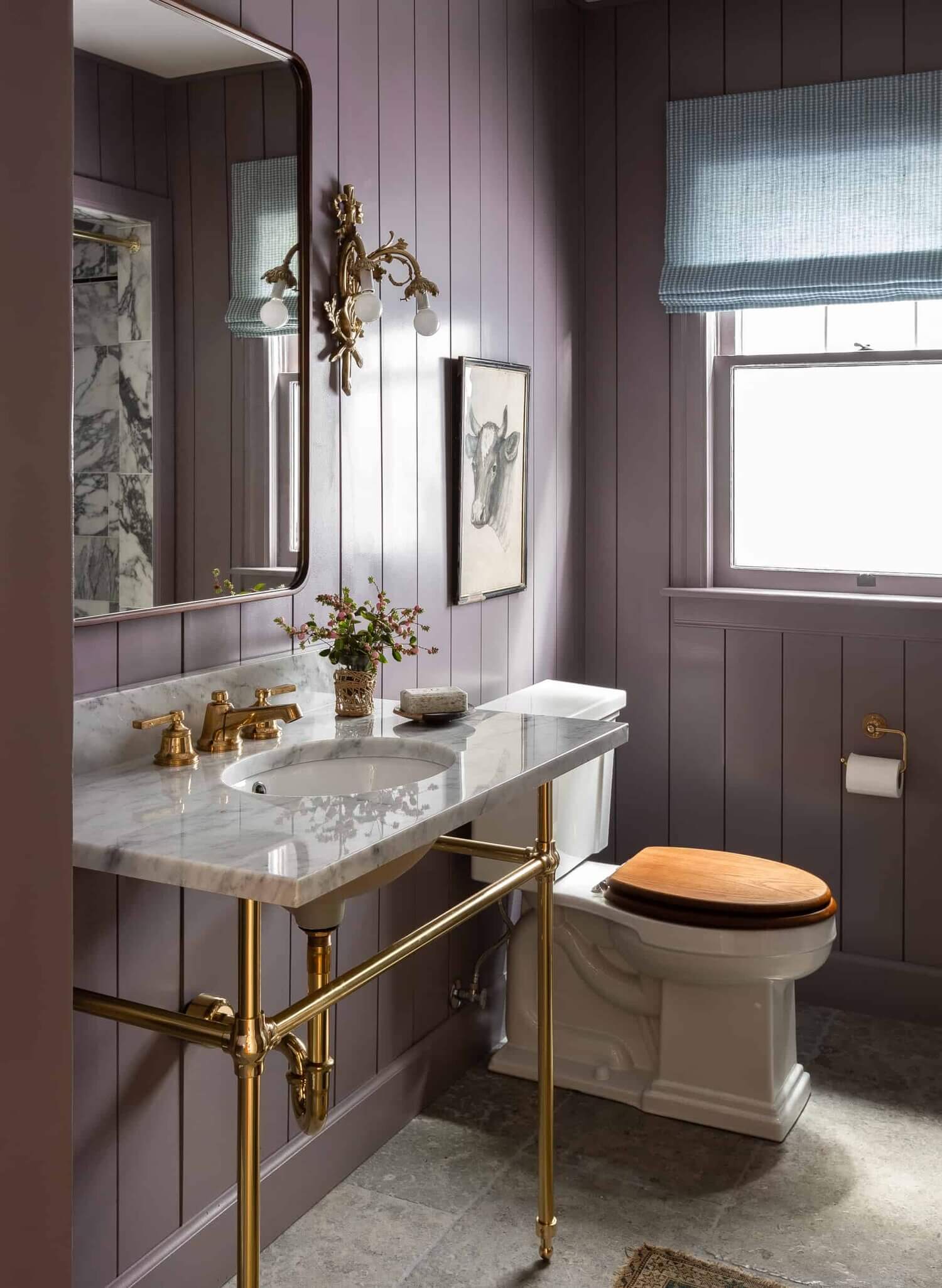 Soothing Colors in Designer Heidi Caillier's Eclectic Washington Home 17 purplecladdedpowderroomwithmarblesinkindesignerHeidiCailliersWashingtonhome TheNordroom Soothing Colors in Designer Heidi Caillier's Eclectic Washington Home