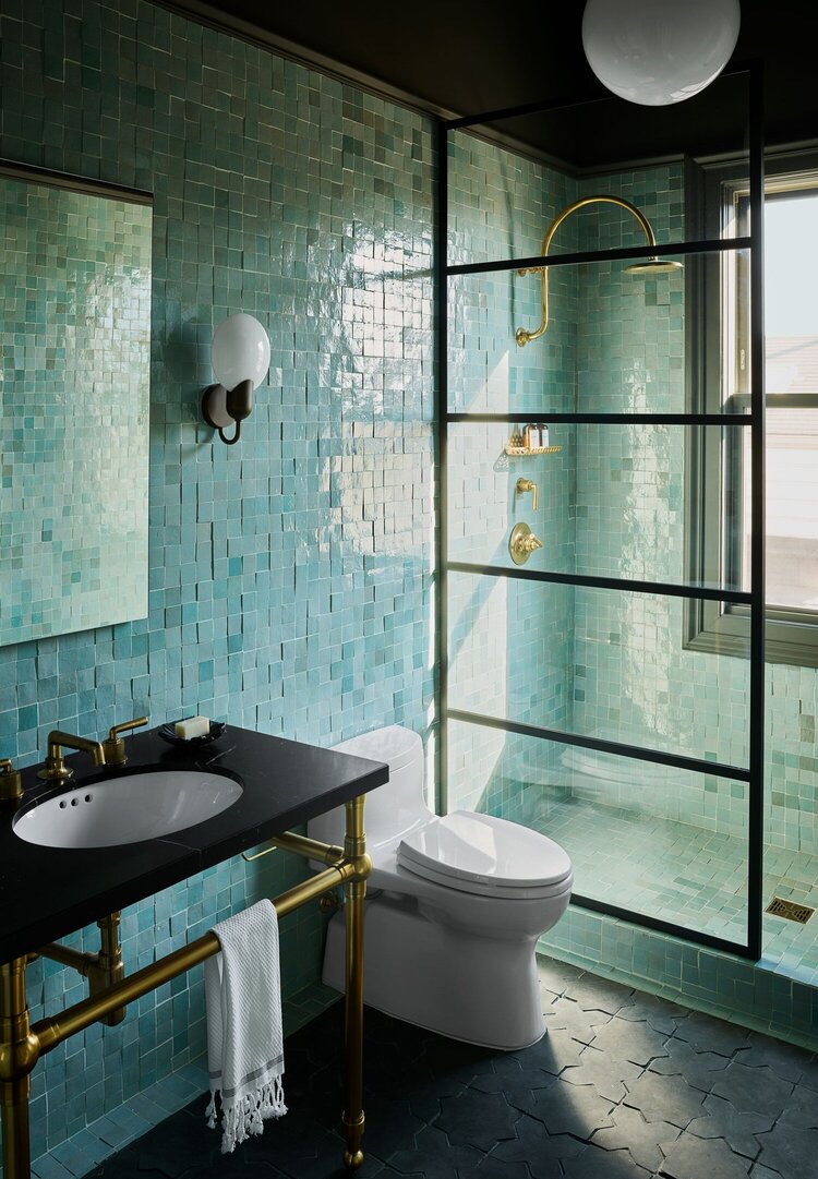 Paint it Black: Black Interior and Exterior Design Ideas 6 bathroom-black-ceiling-blue-tiles-nordroom