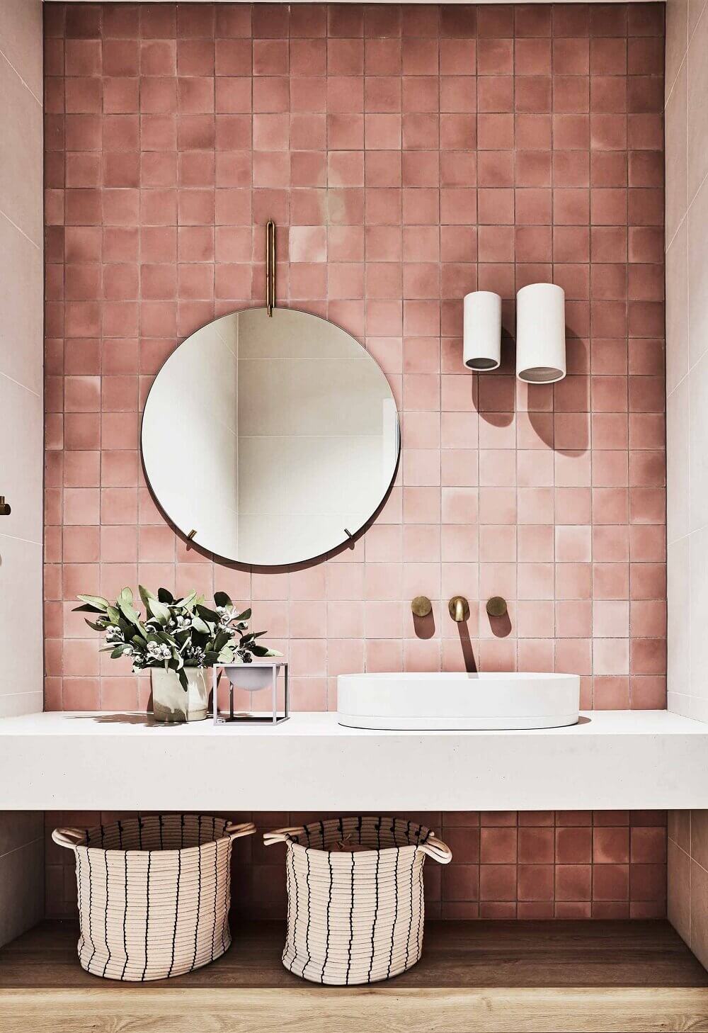 89 Pink Bathroom Ideas: From Hot Pink Walls to Blush Tiles 71 PinkBathroomwithRoundMirror TheNordroom 89 Pink Bathroom Ideas: From Hot Pink Walls to Blush Tiles