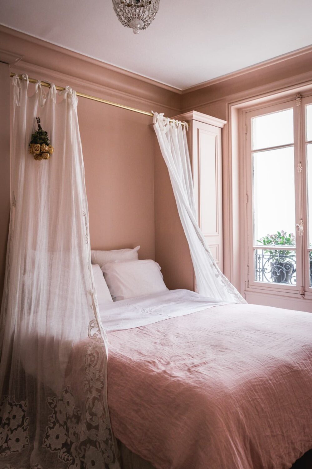 How To Style A Pink Bedroom (For Adults) 38 pink-vintage-bedroom-paris-apartment-nordroom