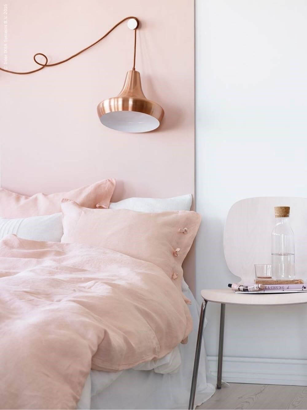 How To Style A Pink Bedroom (For Adults) 4 dusty-pink-headboard-copper-lamp-ikea-nordroom