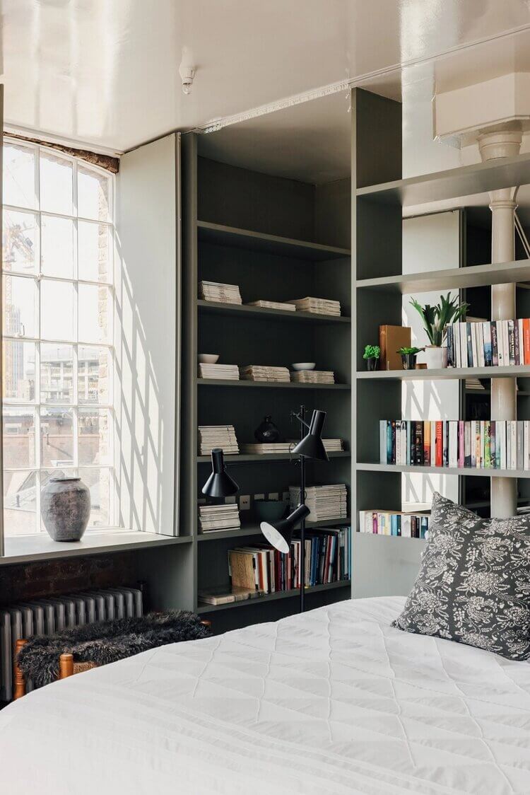 A London Loft Designed By Ilse Crawford And Vincent van Duysen 13 london-loft-ilse-crawford-vincent-van-duysen-grey-bookshelves-kitchen-island--zellige-tiles-brick-wall-victorian-warehouse-conversion-nordroom