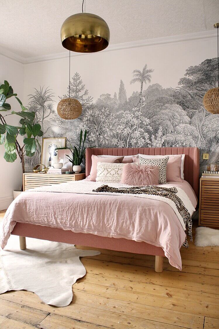 How To Style A Pink Bedroom (For Adults) 2 pink-bed-black-white-mural-nordroom