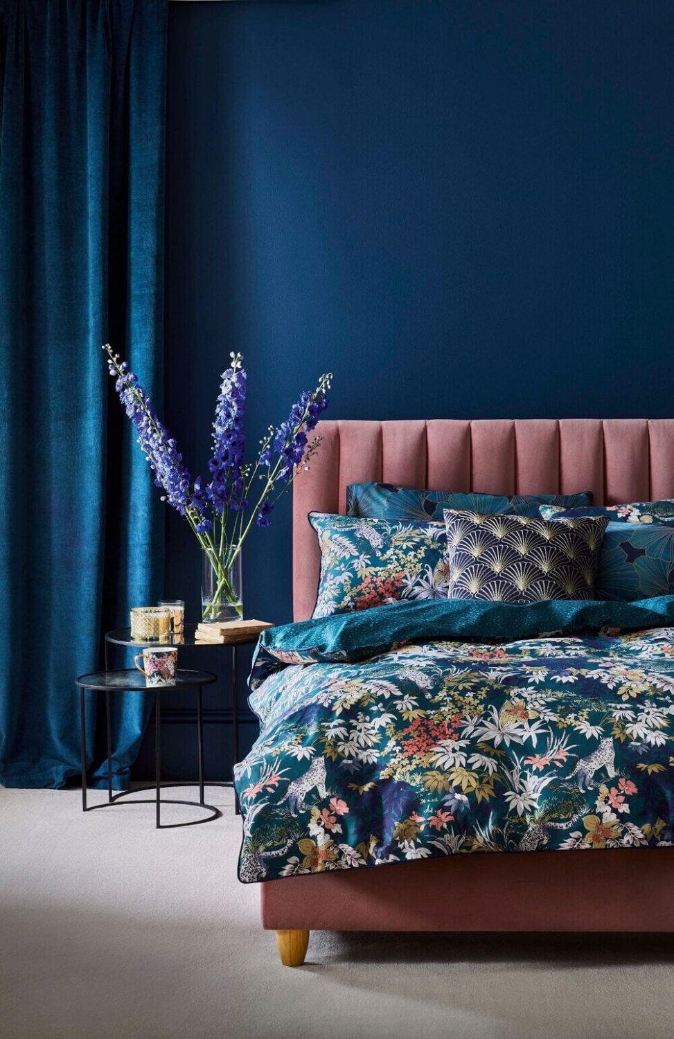 How To Style A Pink Bedroom (For Adults) 10 pink-bed-blue-walls-nordroom