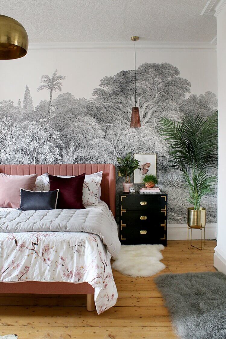 How To Style A Pink Bedroom (For Adults) 3 pink-bed-black-white-mural-nordroom