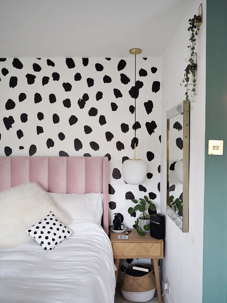 How To Style A Pink Bedroom (For Adults) 6 pink-headboard-black-white-wallpaper