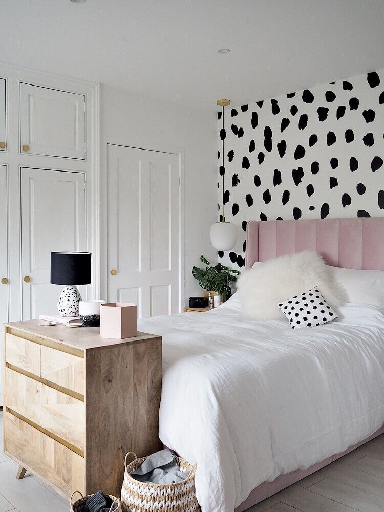 How To Style A Pink Bedroom (For Adults) 5 pink-headboard-black-white-wallpaper