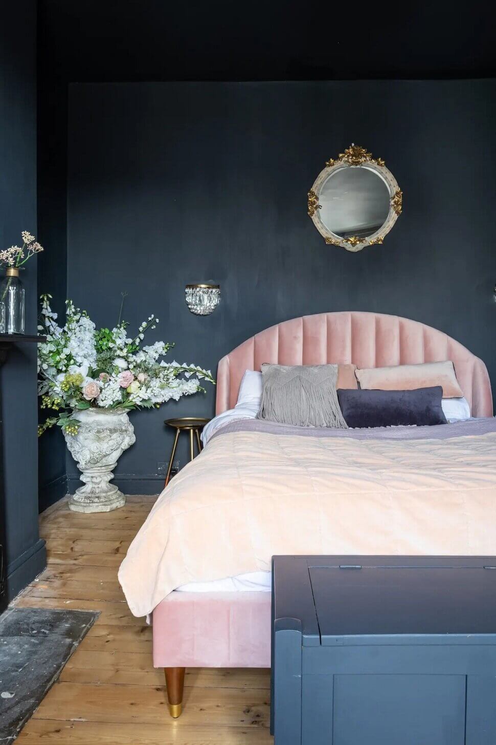 How To Style A Pink Bedroom (For Adults) 12 pink-headboard-dark-grey-wall