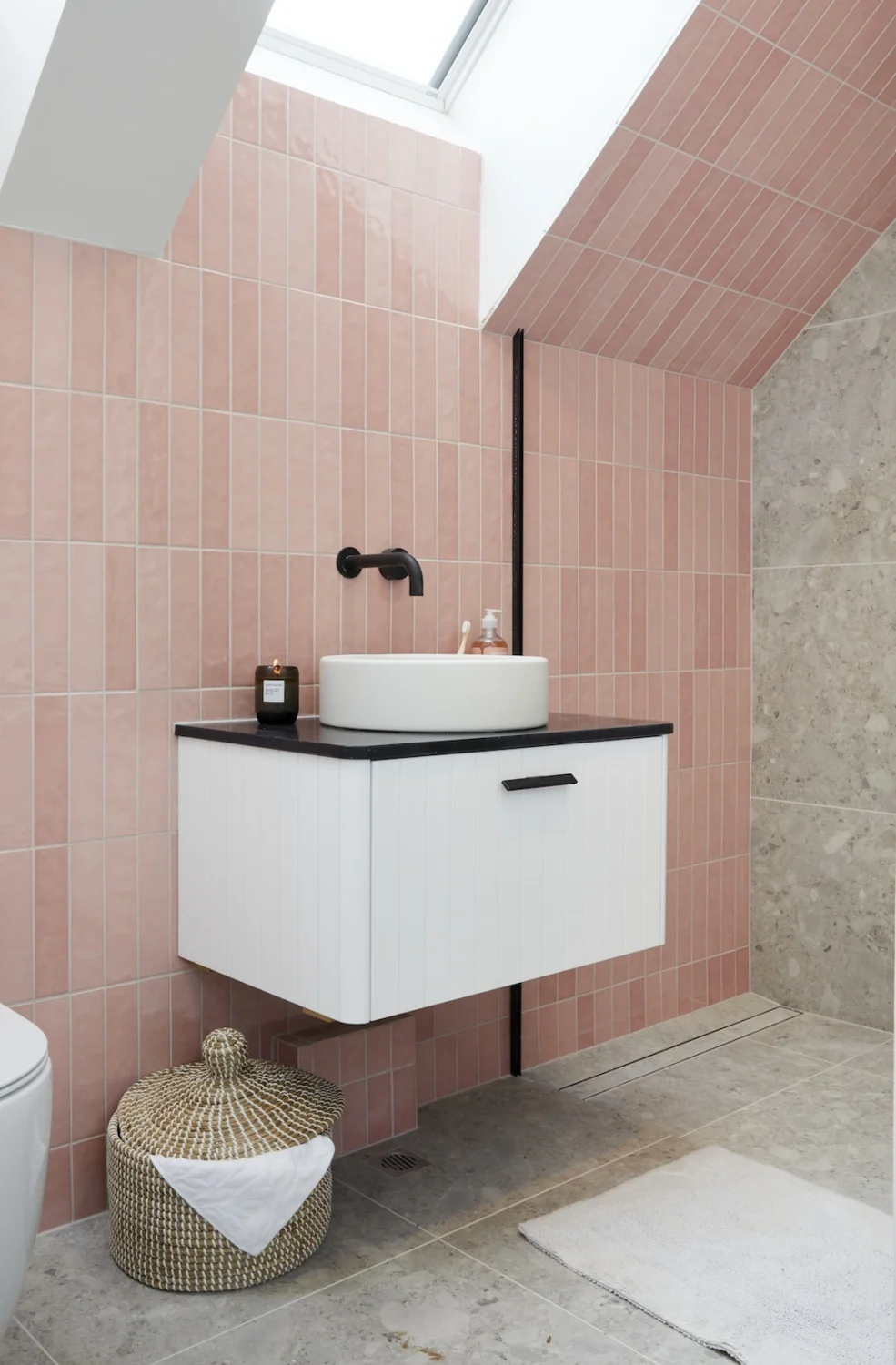 89 Pink Bathroom Ideas: From Hot Pink Walls to Blush Tiles 44 small-pink-bathroom-skylight-small-bathroom-ideas-nordroom