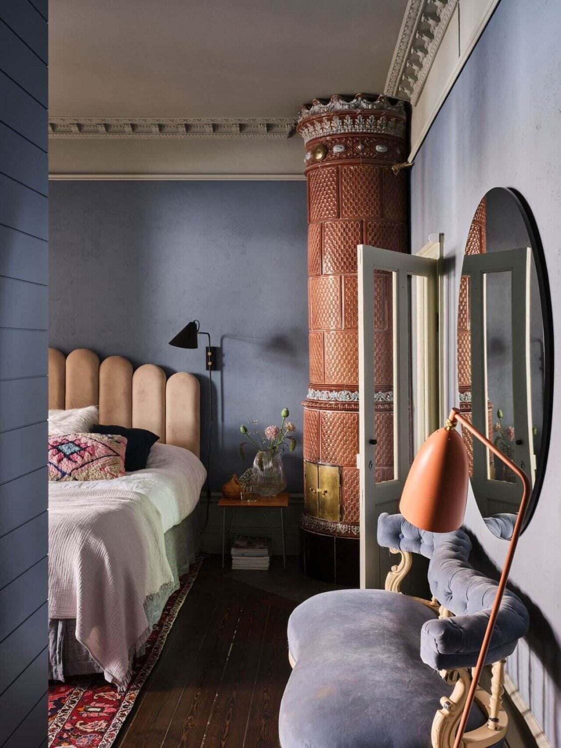 How To Style A Pink Bedroom (For Adults) 13 blue-bedroom-pink-headboard-nordroom