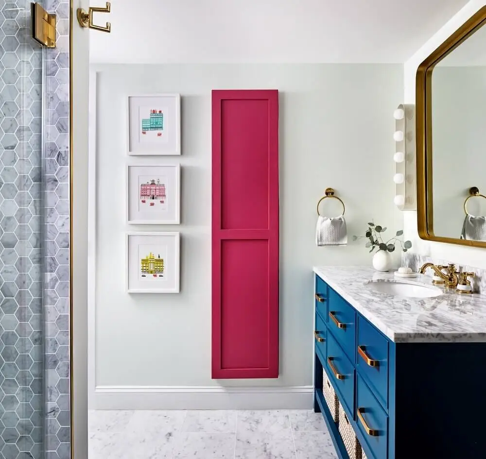 89 Pink Bathroom Ideas: From Hot Pink Walls to Blush Tiles 53 vibrant-small-bathroom-narrow-storage-nordroom