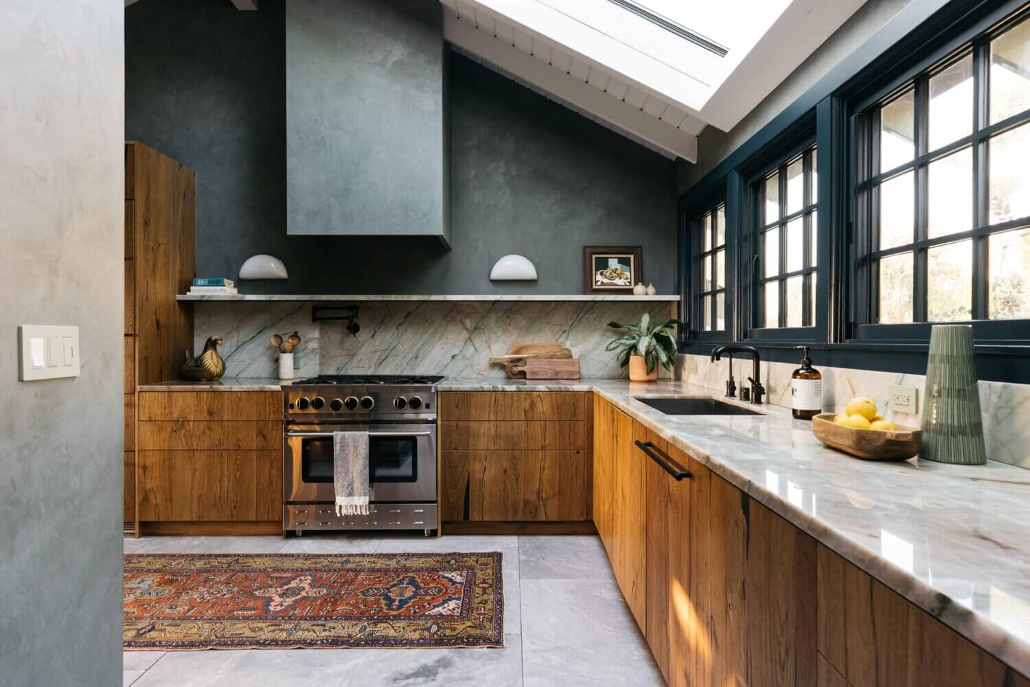 A Pink Living Room in a Mid-Century Home in Los Angeles 6 wood-kitchen-skywindow-carrera-marble-midcentury-nordroom