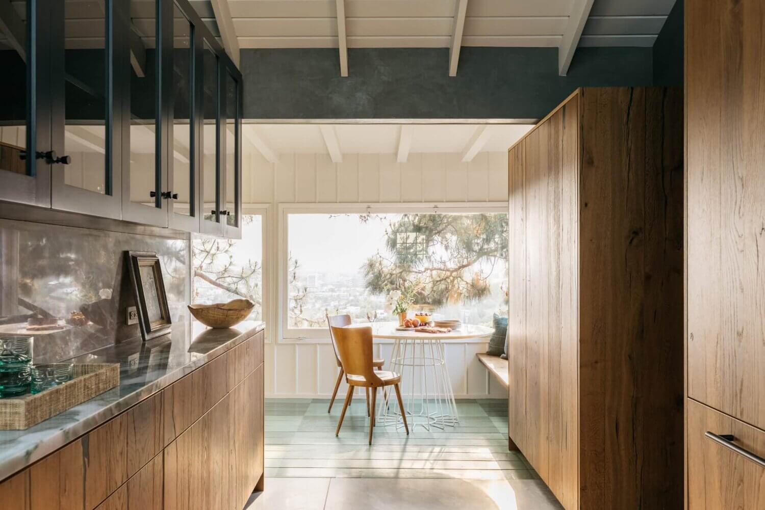 A Pink Living Room in a Mid-Century Home in Los Angeles 8 wood-kitchen-skywindow-carrera-marble-midcentury-nordroom