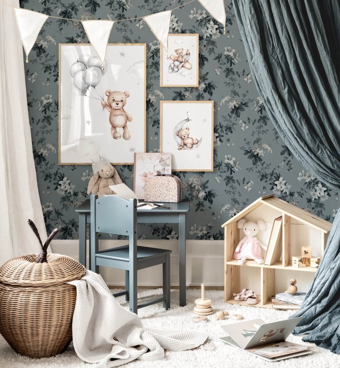 Beautiful Gender Neutral Nursery Ideas 3 childrens room with blue wallpaper and teddy posters nordroom
