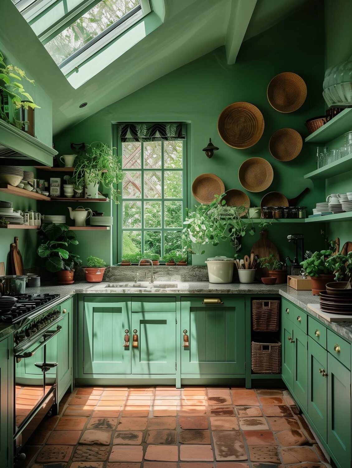 Green Kitchen Design Ideas That You'll Love 9 cozy green cottage kitchen with shelves terracotta floor and skylight nordroom