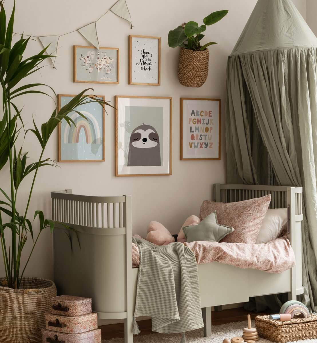 Beautiful Gender Neutral Nursery Ideas 34 gray nursery with posters and canopy nordroom