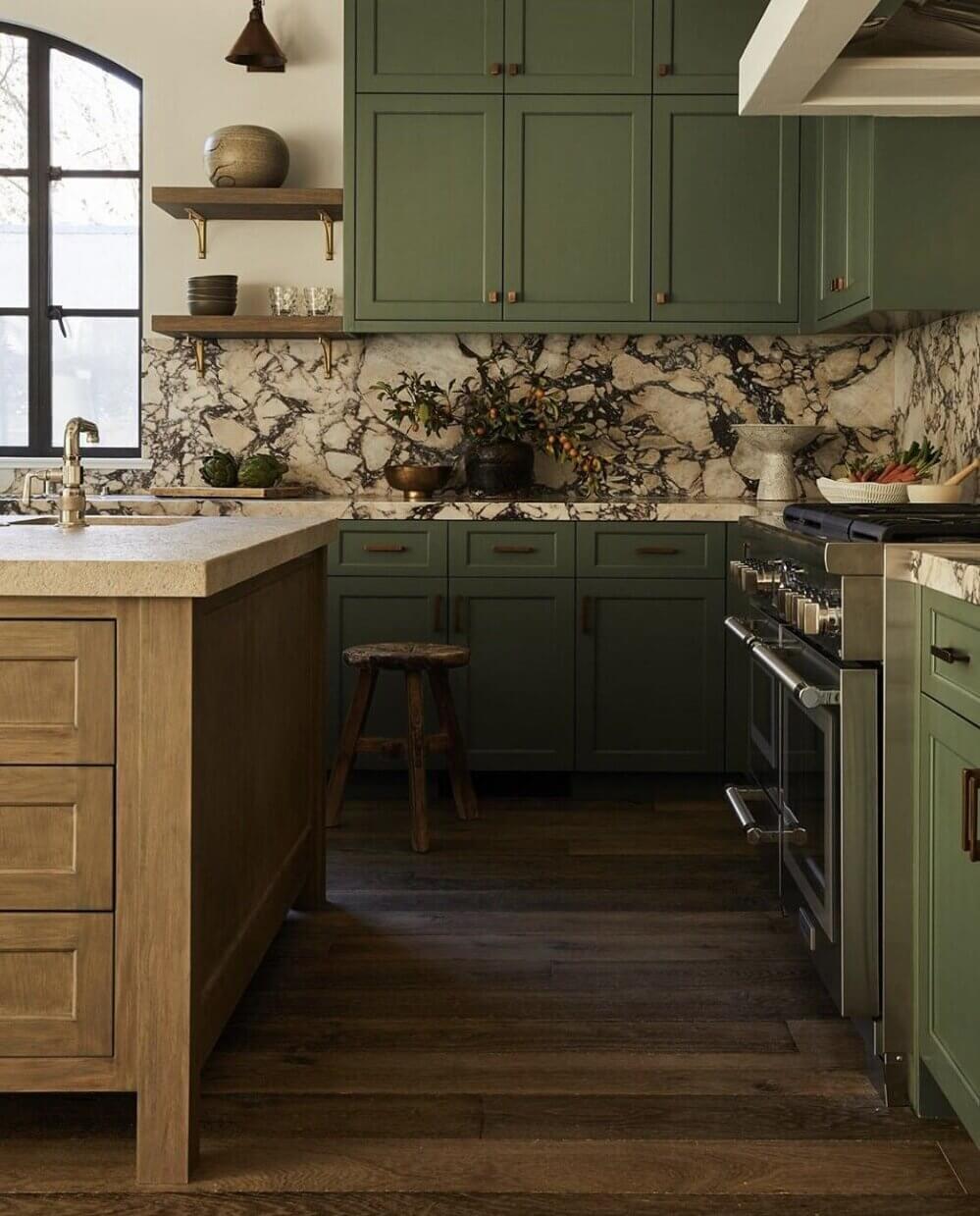 Green Kitchen Design Ideas That You'll Love 11 green-kitchen-cabinets-marble-countertop-backsplash-nordroom