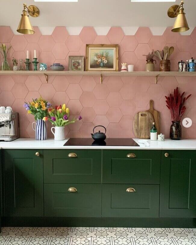 Green Kitchen Design Ideas That You'll Love 32 green-kitchen-cabinets-pink-tiles-nordroom1