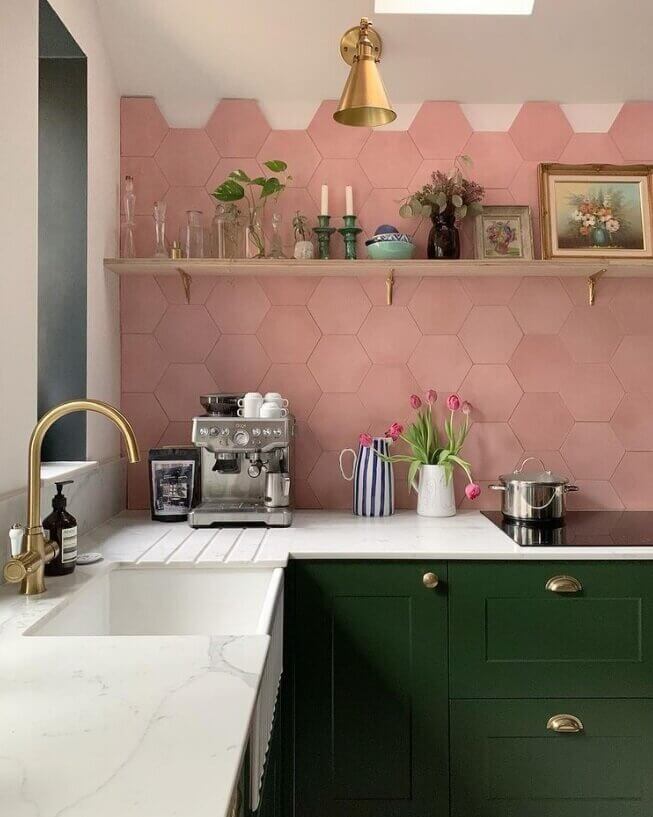 Green Kitchen Design Ideas That You'll Love 31 green-kitchen-cabinets-pink-tiles-nordroom1