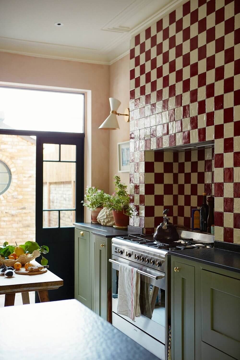 Green Kitchen Design Ideas That You'll Love 15 green-kitchen-cabinets-red-white-tiles-pink-walls-nordroom