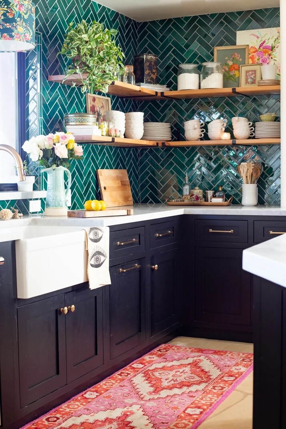 Green Kitchen Design Ideas That You'll Love 35 green-kitchen-tiles-herringbone-open-shelves