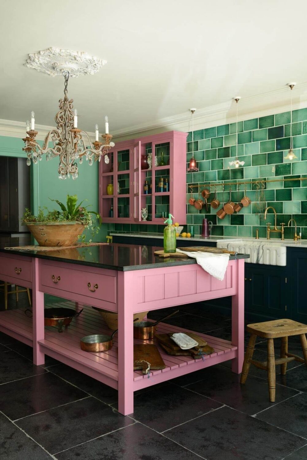 Green Kitchen Design Ideas That You'll Love 33 green-kitchen-tiles-pink-kitchen-island-nordroom