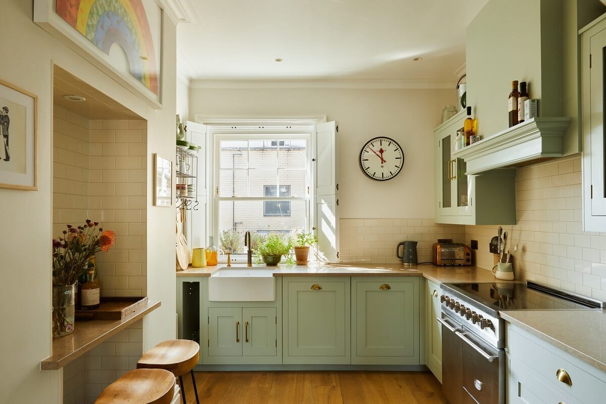 Green Kitchen Design Ideas That You'll Love 19 green kitchen with butler sink and bar seating nordroom