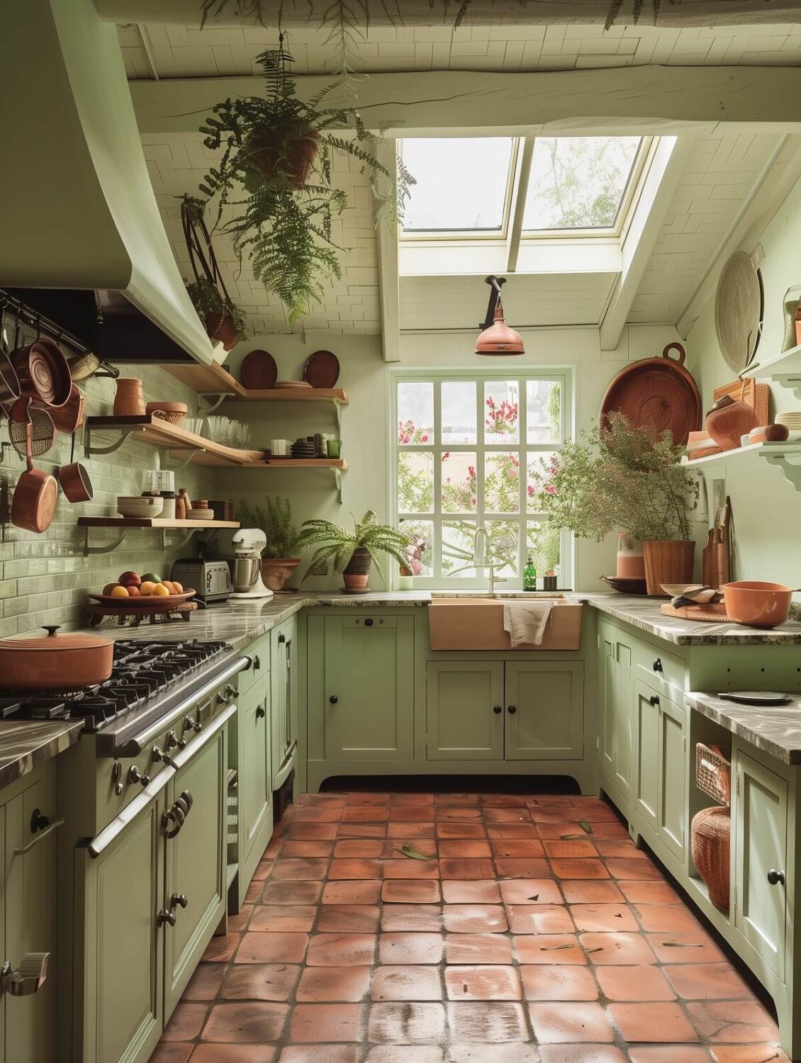 Green Kitchen Design Ideas That You'll Love 21 mint green cottage kitchen with terracotta floor